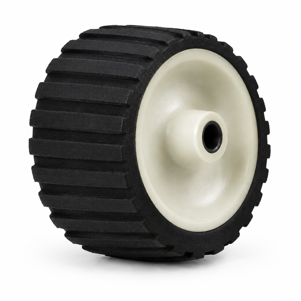 Robot wheel 54 with wide cross-ridged black tyre and recessed light hub