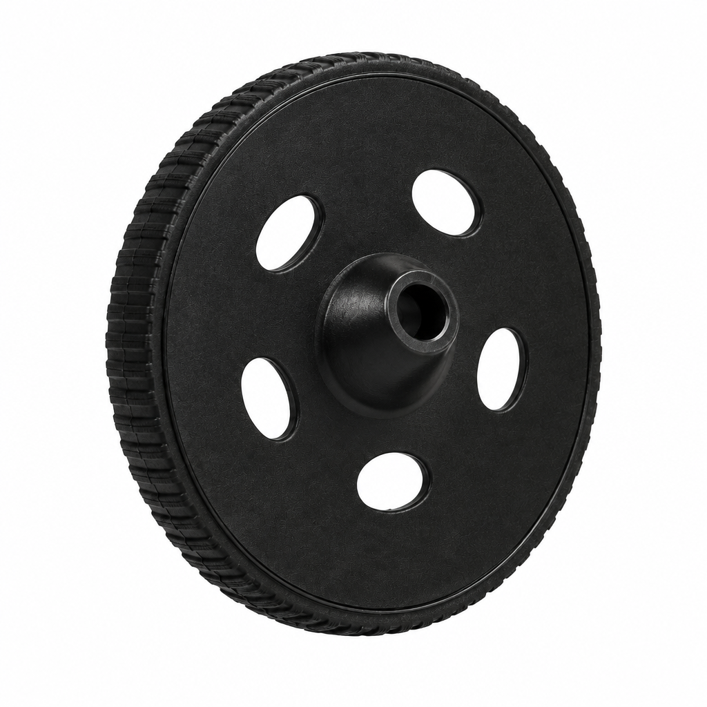 Wheel 53 thin black robot wheel with raised dome-shaped hub and open centre hole